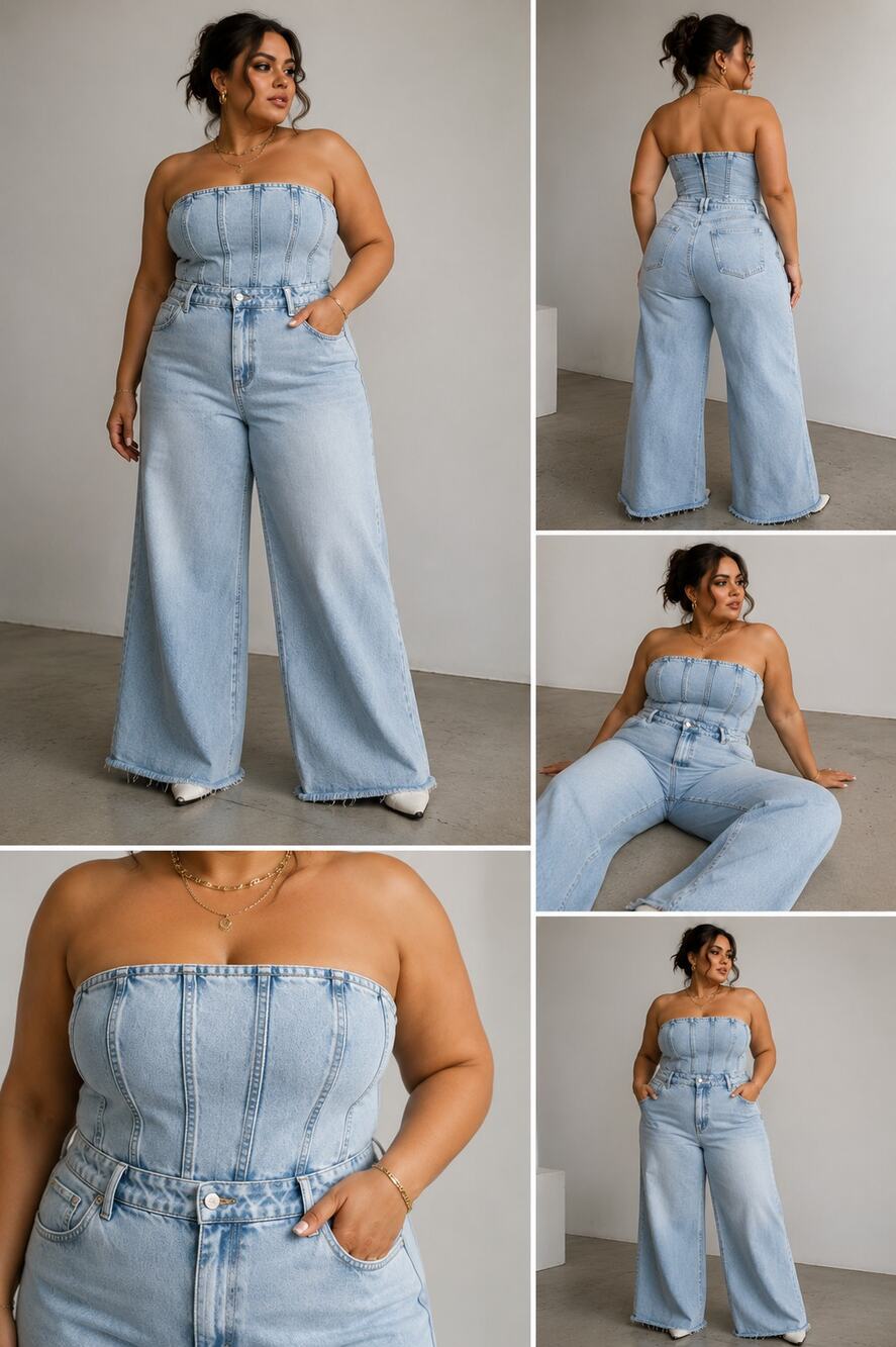 Zara NWT Strapless Denim Jumpsuit XL Light Wash Wide Leg Corset Tube Jean Romper